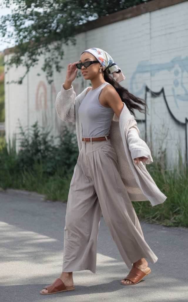 Throw on a printed headscarf with relaxed layers