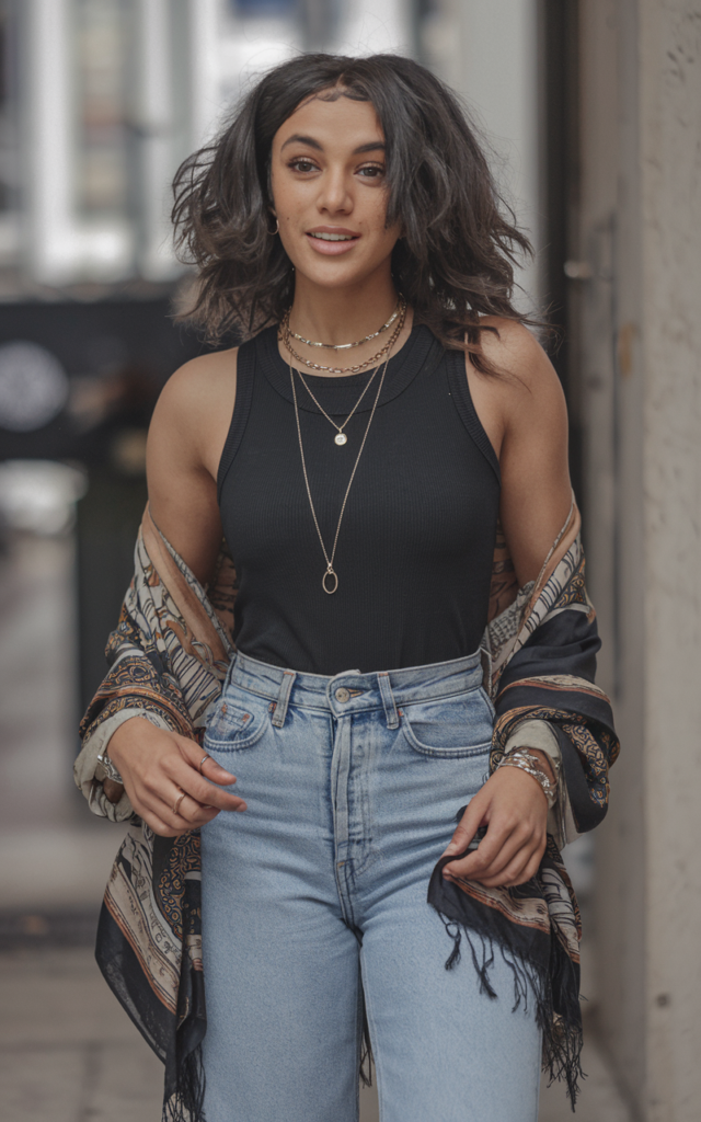 Tie a waist scarf over high-waisted jeans