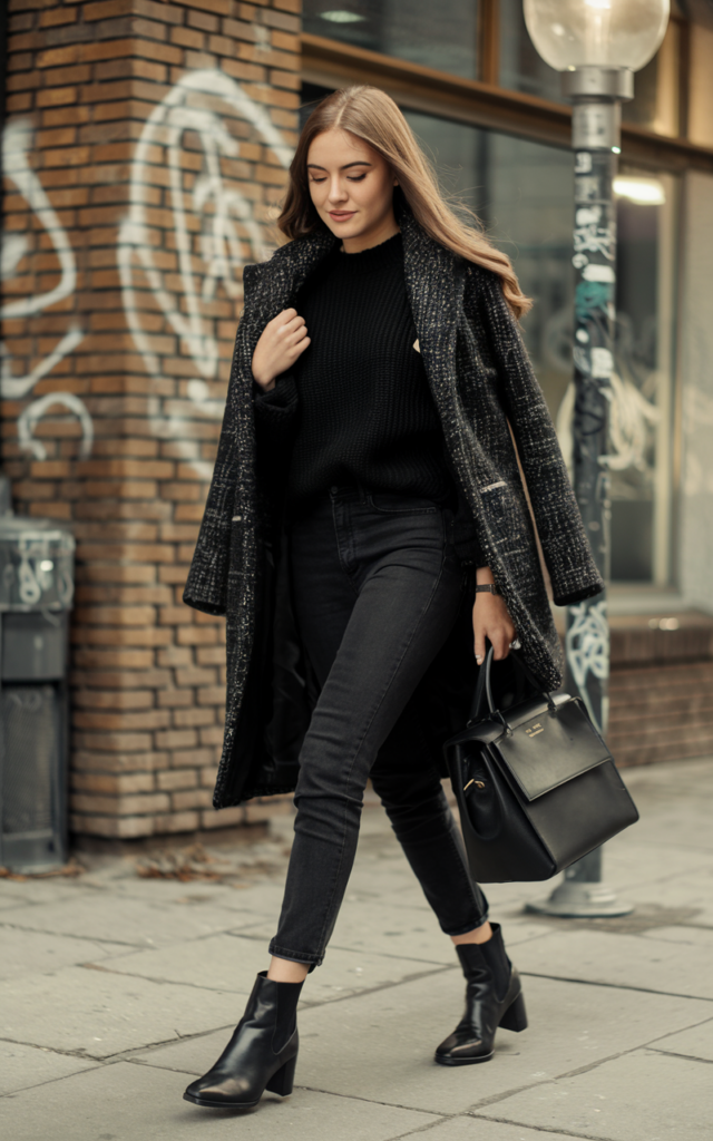 Try a monochrome black outfit with textured layers.