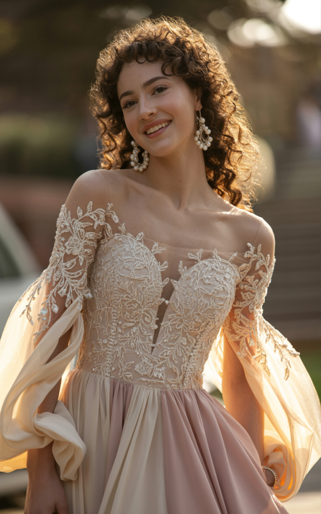 Try a romantic lace prom gown with long sleeves