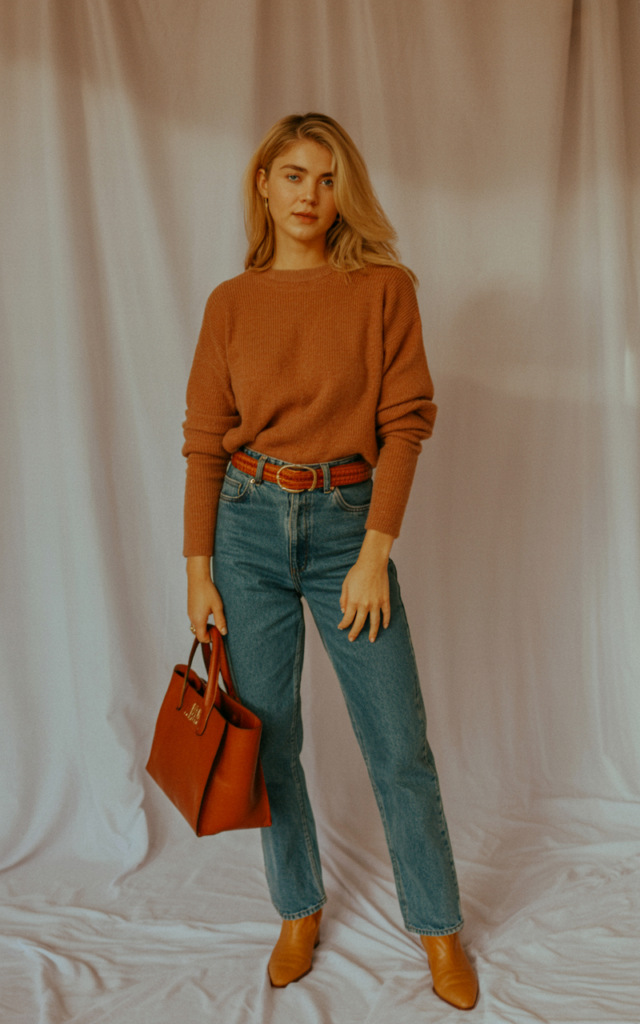 Tuck a Burnt Orange Knit into High-Rise Denim