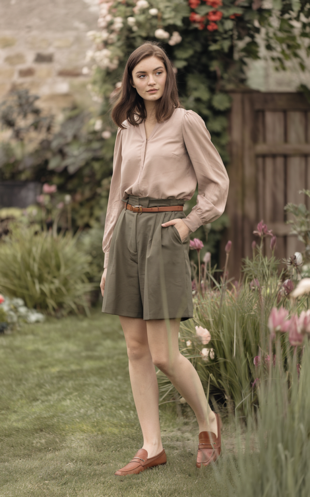 Tuck a Soft Blush Blouse into Olive Tailored Shorts