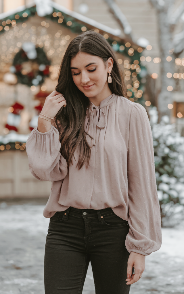 Tuck a festive blouse into black skinny jeans.
