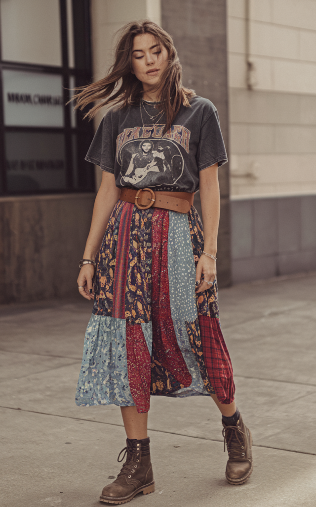 Tuck a graphic band tee into a patchwork skirt