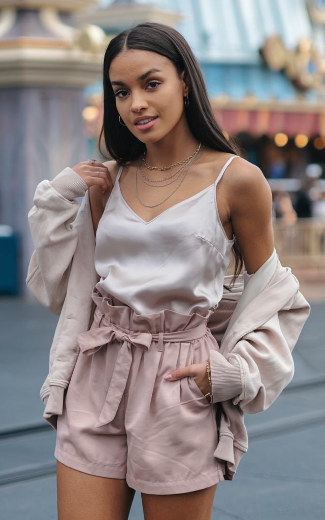 Tuck a satin camisole into paperbag waist shorts.