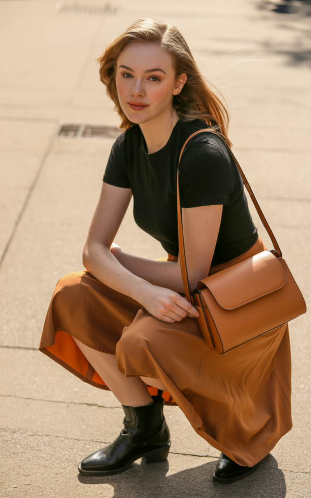 Wear a Cinnamon Midi Skirt with a Black Fitted Tee