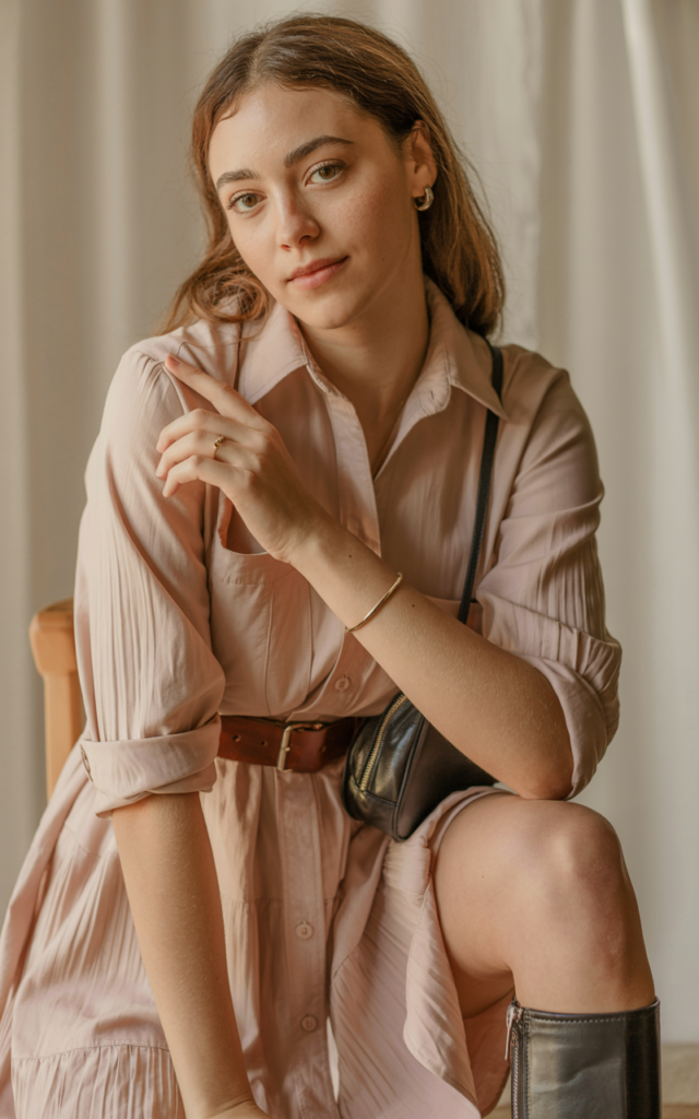 Wear a shirt dress with a belt and tall boots.