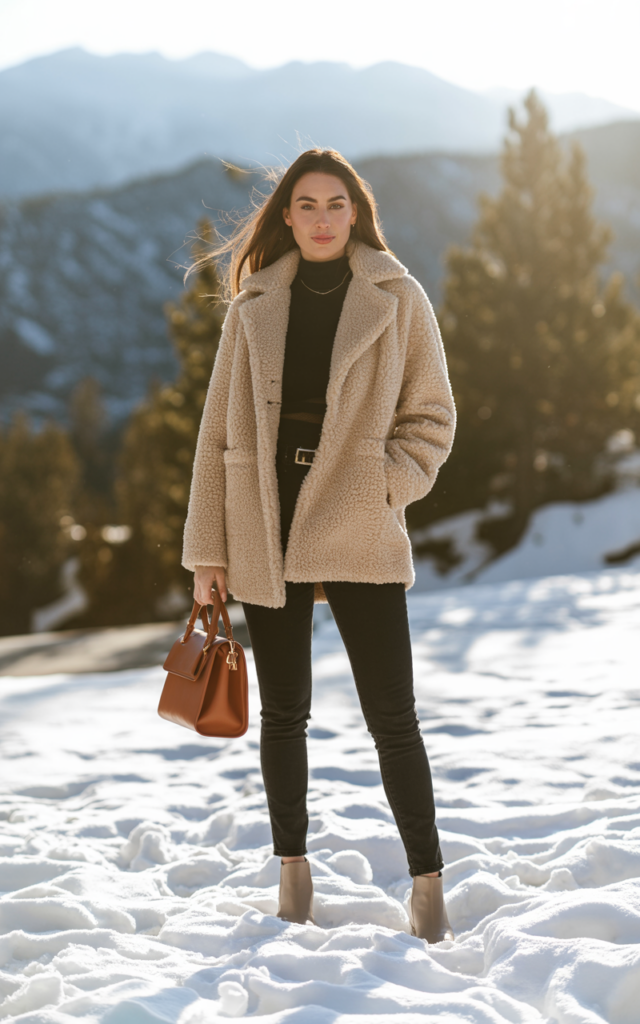 Wear a teddy coat over a simple black base outfit