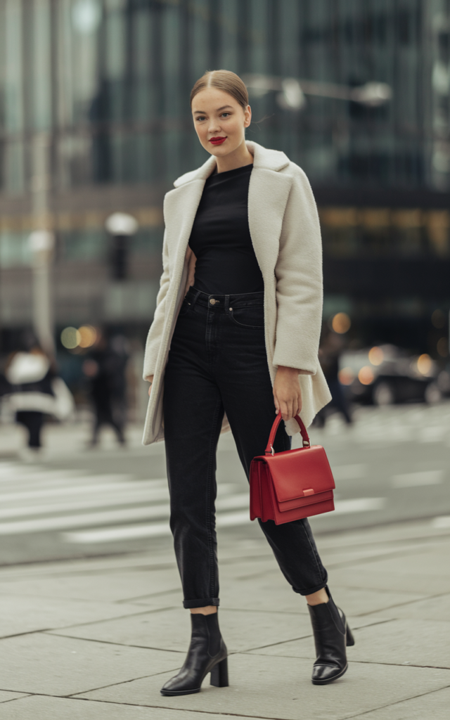 Wear an all-black outfit with one bold accessory.