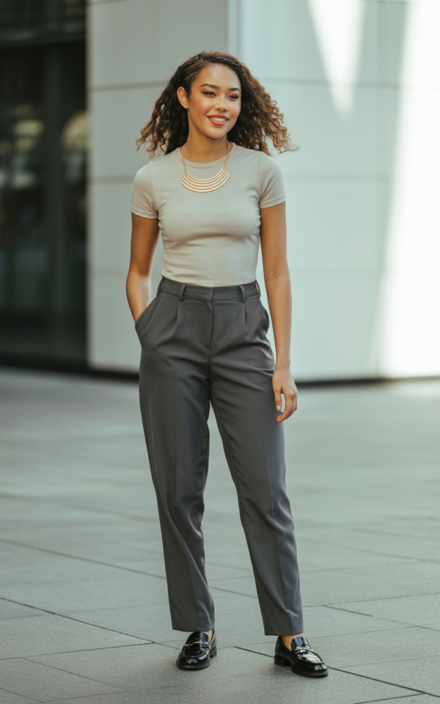 Wear tailored trousers with a fitted tee and statement necklace.