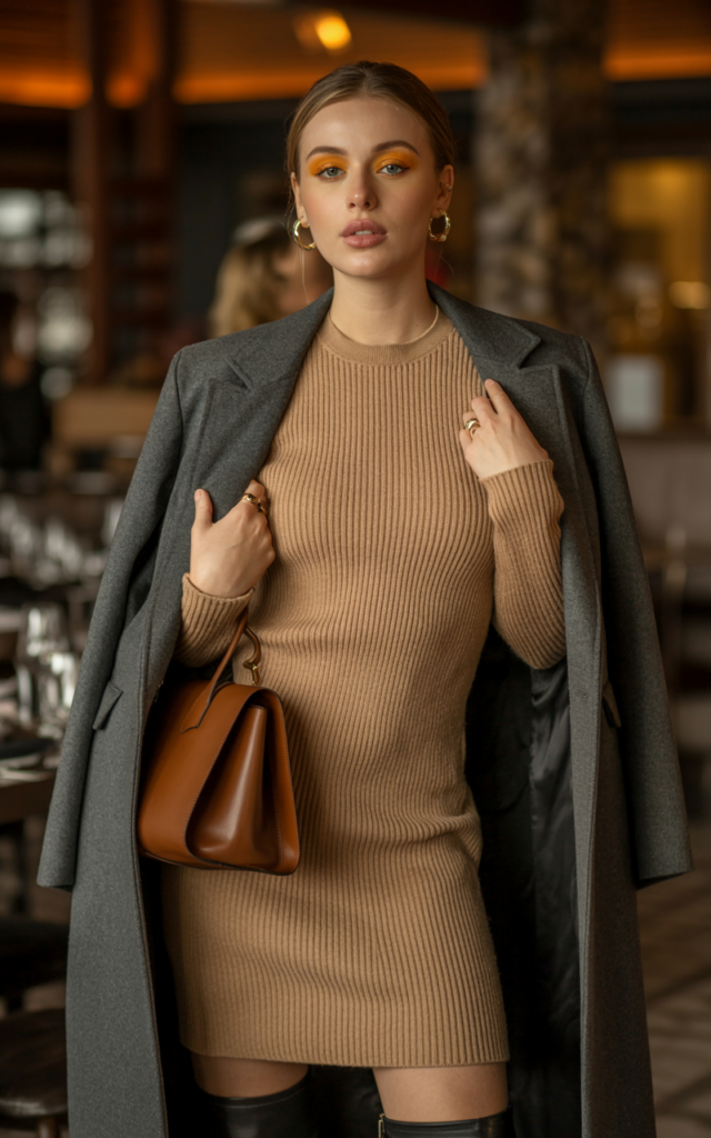 Wrap up in a long wool coat with a sweater dress and knee-high boots
