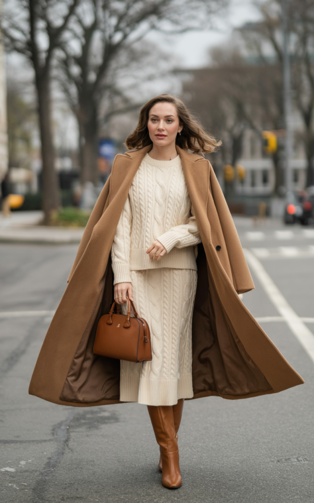 Wrap up in a wool wrap coat over a knit set.