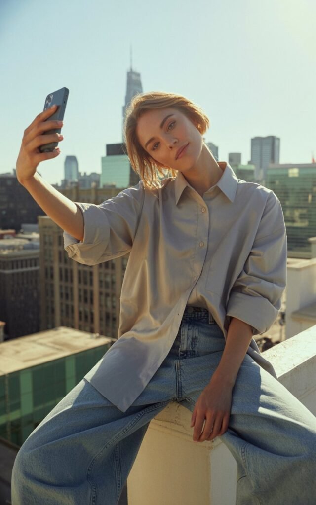 A fashionable woman posing in monochrome oversized shirt outfit with wide-leg jeans, holding phone as if taking Instagram photo, urban rooftop background, natural lighting, soft glow, trendy Gen Z aesthetic, cinematic fashion photography