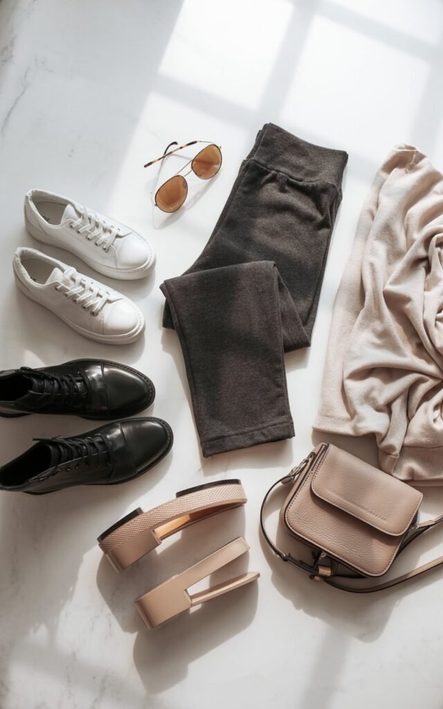 Flatlay photo of leggings outfit essentials: white sneakers, ankle boots, platform sandals, folded leggings, neutral-toned top, sunglasses and small handbag arranged aesthetically on a light background, soft shadows, minimal clean composition, fashion flatlay photography