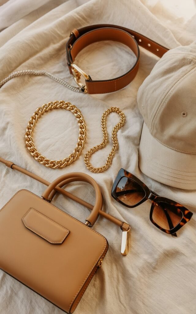Flat lay of fashion accessories including chunky gold jewelry, mini bag, sunglasses, belt, baseball cap, laid on linen fabric background, natural lighting, warm tones, minimal aesthetic, lifestyle fashion photography, Instagram style