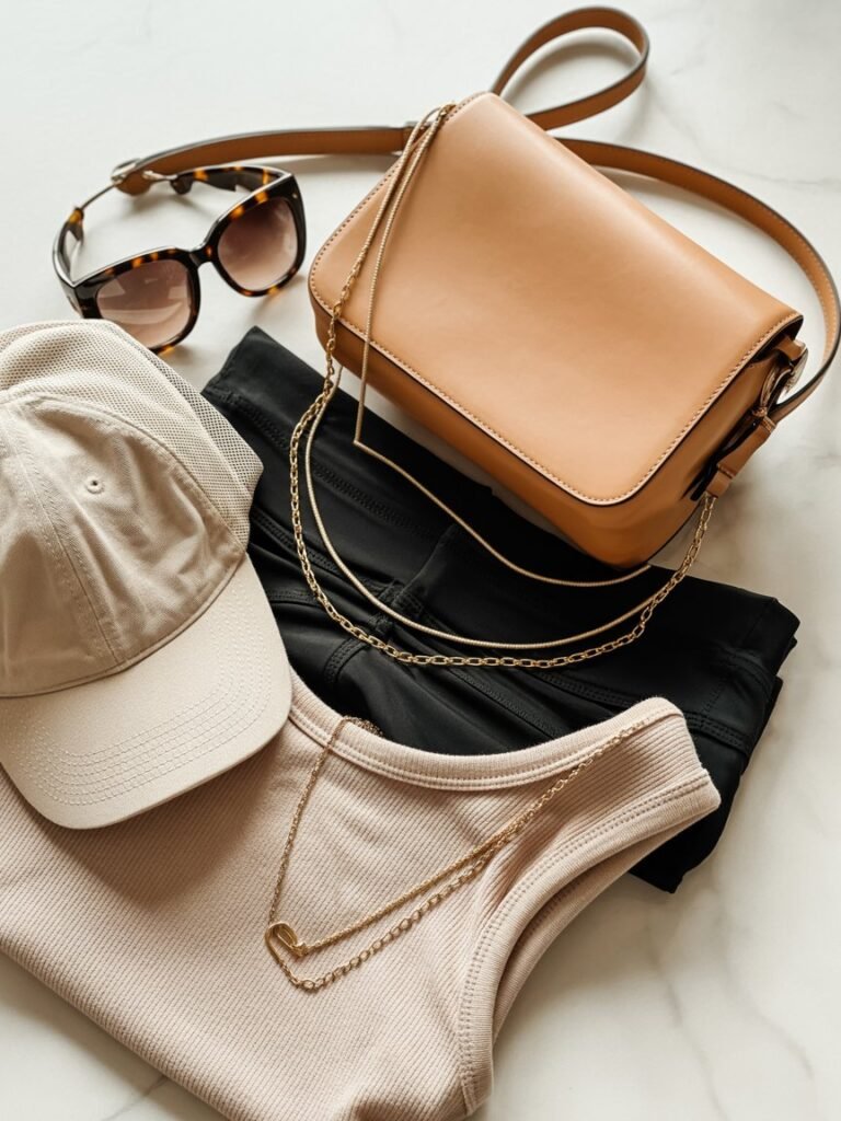 Flatlay of fashion accessories: crossbody bag, sunglasses, baseball cap, layered gold necklaces, folded black leggings and neutral top, soft lighting, minimal aesthetic, high-resolution fashion flatlay