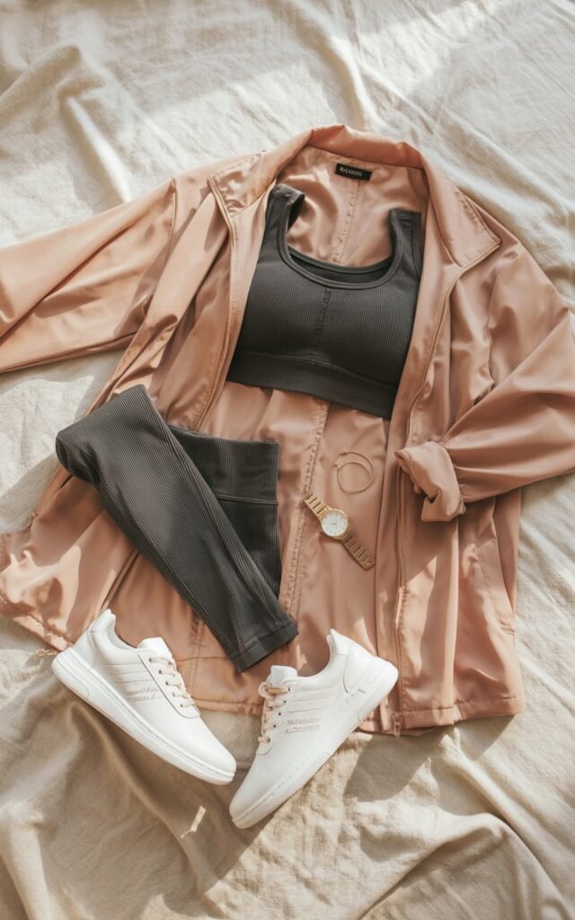 Flatlay of a complete leggings outfit including top, jacket, shoes and accessories arranged neatly on a light neutral background, minimal clean layout, lifestyle fashion flatlay photography