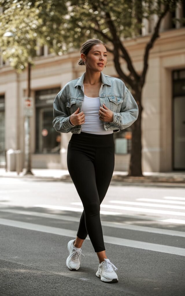 A fashionable woman in her mid-20s wearing black leggings, cropped denim jacket, fitted tank top and chunky sneakers, urban background, soft natural lighting, candid pose, everyday street fashion, modern Instagram aesthetic