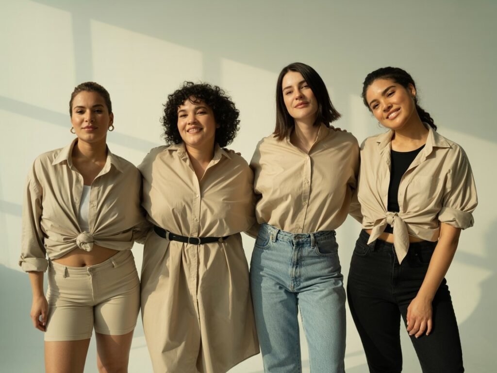 Four women with different body types (petite, curvy, tall, athletic) wearing oversized shirts styled differently, standing side by side, neutral background, natural lighting, inclusive fashion photography, soft tones, minimal props, confident poses