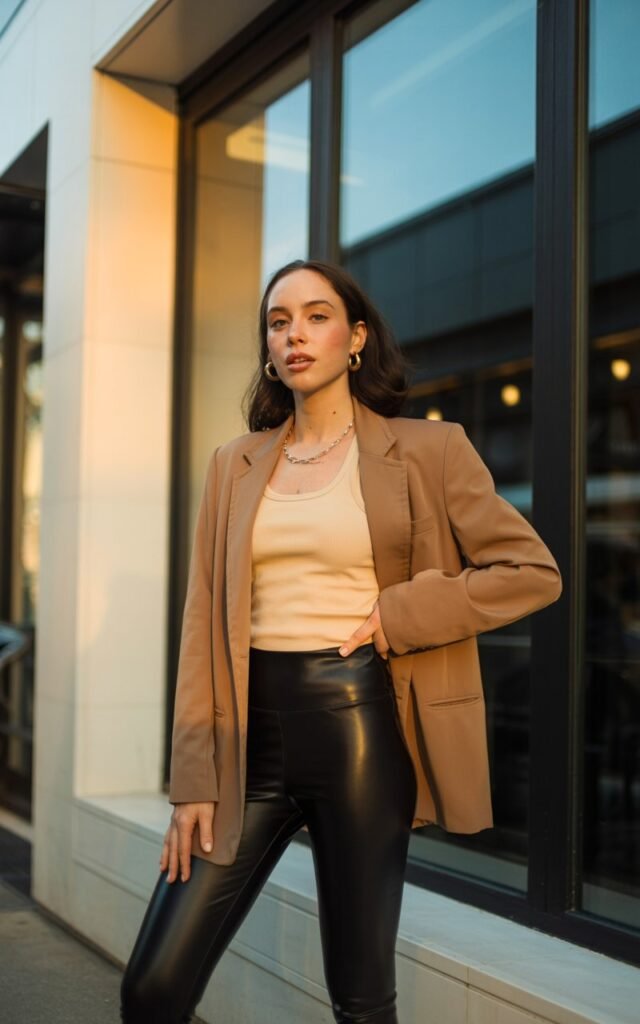 A realistic fashion photo of a woman wearing faux leather leggings with an oversized blazer and neutral tank top, standing near a café or restaurant entrance, evening lighting, elegant casual style, minimal jewelry, editorial photography, clean background