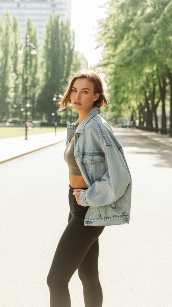 A young woman wearing black leggings with a cropped top and denim jacket, standing in a sunny outdoor park, bright natural light, casual summer style, realistic editorial photography, light color palette