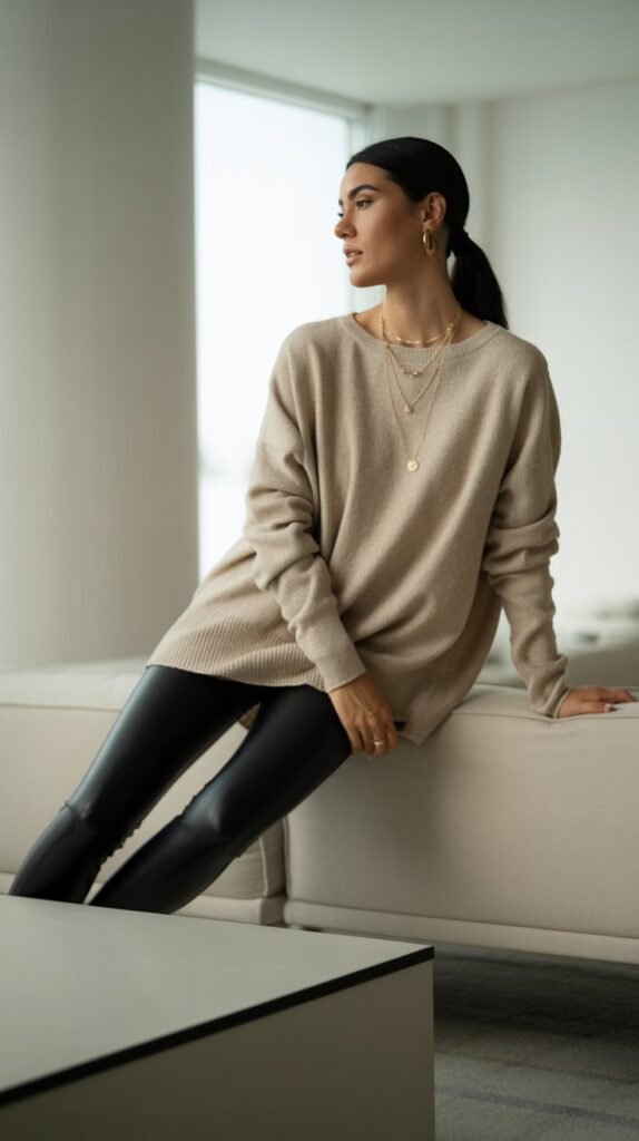 A woman wearing black leggings with neutral oversized sweater and gold jewelry, indoor lifestyle setting, soft window light, minimal modern decor, realistic fashion photography