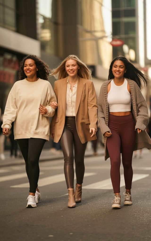 A realistic lifestyle fashion photo of three women aged 20–30 walking in a city street wearing stylish leggings outfits, diverse body types and ethnicities, natural lighting, casual chic street style, oversized sweaters, blazers, sneakers and ankle boots, candid movement, soft background blur, editorial fashion photography, warm tones, high-resolution, modern magazine aesthetic
