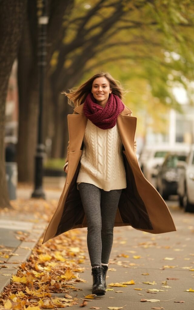 A woman wearing fleece-lined leggings, oversized knit sweater, long coat and scarf, walking in a city street during fall, warm tones, cozy atmosphere, realistic fashion lifestyle photo, soft natural lighting