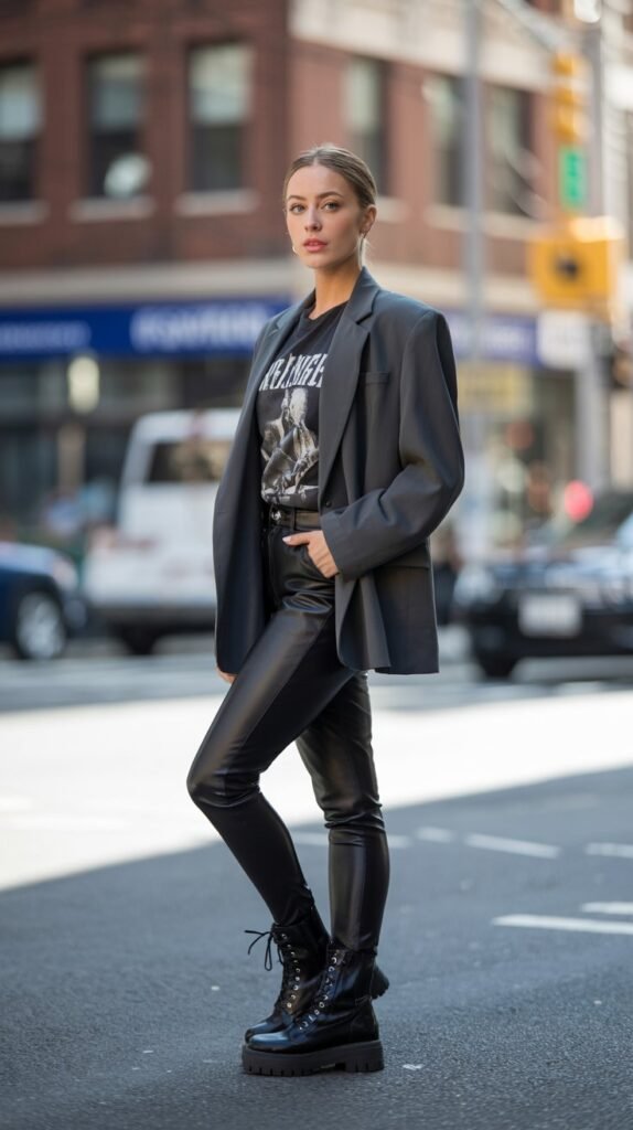 A stylish woman wearing faux leather leggings, chunky boots and graphic tee with blazer, city street background, edgy fashion vibe, realistic portrait photography, natural lighting