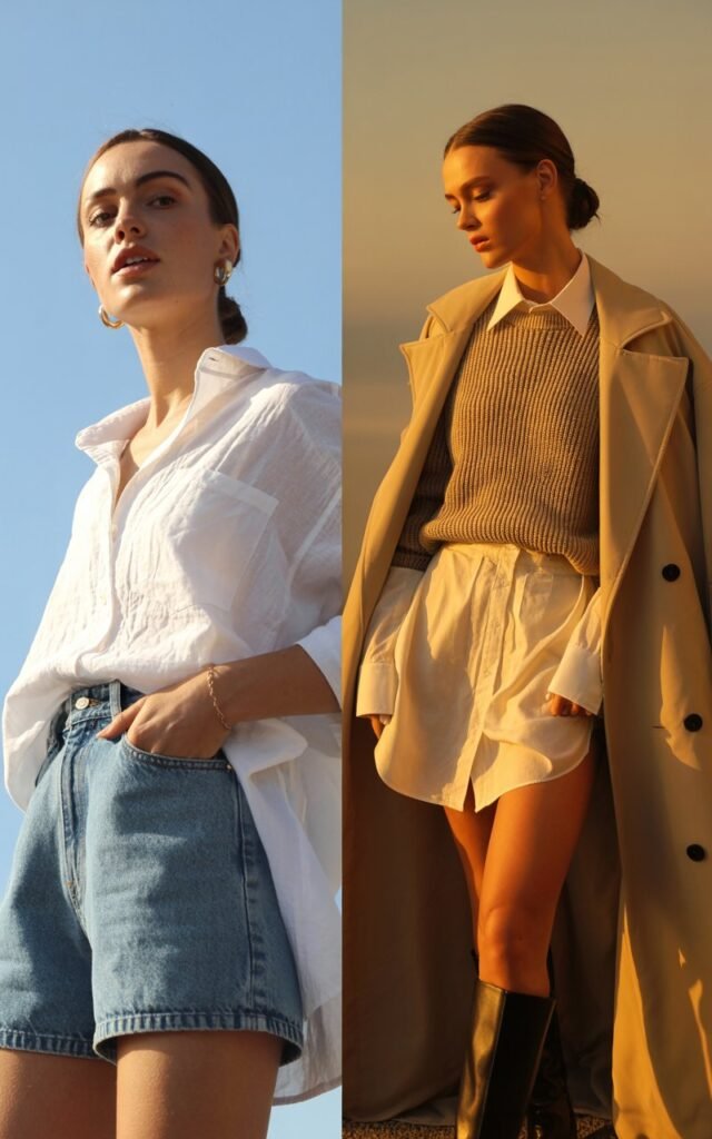 Split image: left side summer outfit with oversized linen shirt and denim shorts in bright natural lighting; right side fall outfit with oversized shirt layered under sweater with boots and trench coat, soft autumn natural lighting, editorial fashion photography