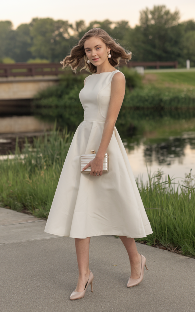 A natural-looking young beautiful woman wearing a classic white A-line dress with a fitted waist and flared skirt, neutral heels, pearl earrings, and a simple clutch, styled with soft curls for a timeless graduation outfit