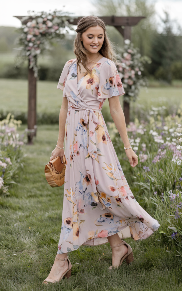 A natural-looking young beautiful woman wearing a flowing wrap maxi dress with watercolor floral prints, heeled sandals, delicate jewelry, a small clutch bag, soft curls, and glowing makeup for a romantic spring wedding guest outfit