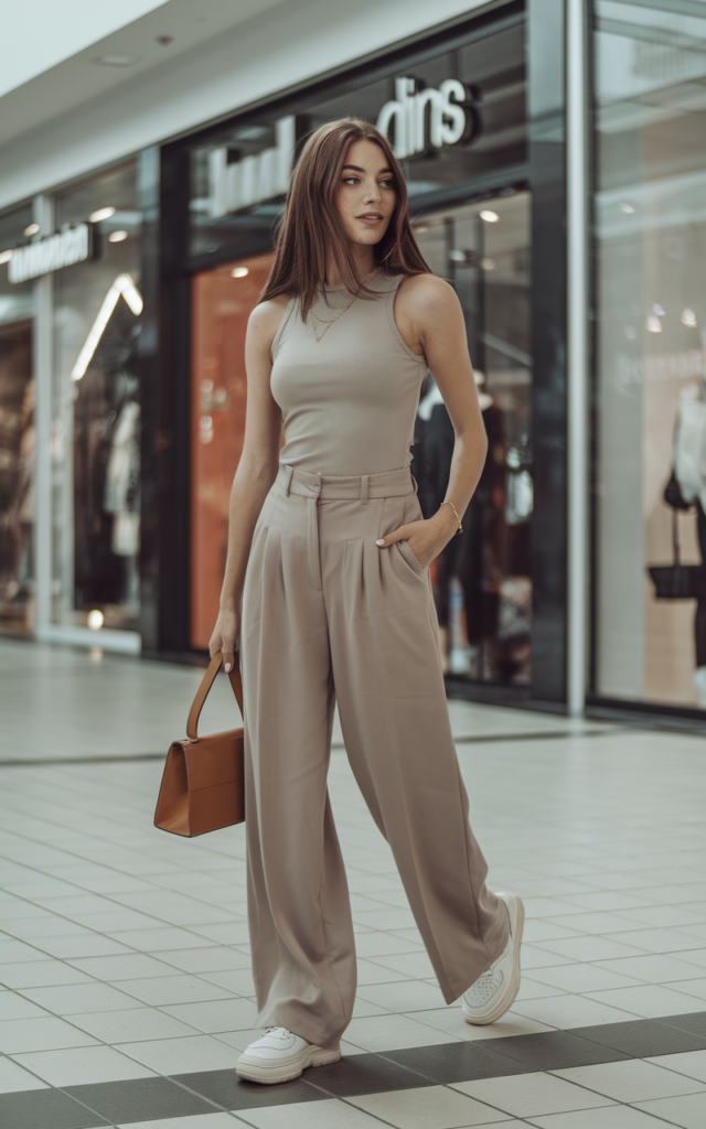 A natural-looking young beautiful woman wearing tailored wide-leg trousers, a fitted neutral tank top, white sneakers, a structured shoulder bag, and simple gold jewelry for a minimalist chic mall outfit