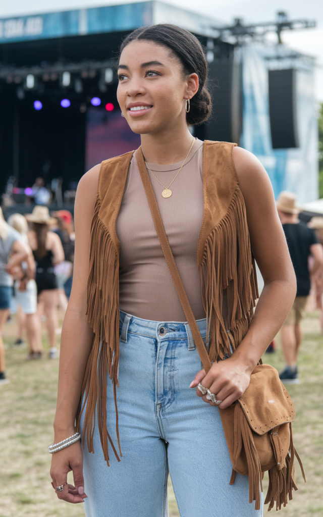 A natural-looking young beautiful woman wearing light-wash straight-leg jeans and a fitted tank top layered with a suede fringe vest, cowboy boots, stacked rings, and a suede crossbody bag with relaxed natural hair for a summer country concert outfit
