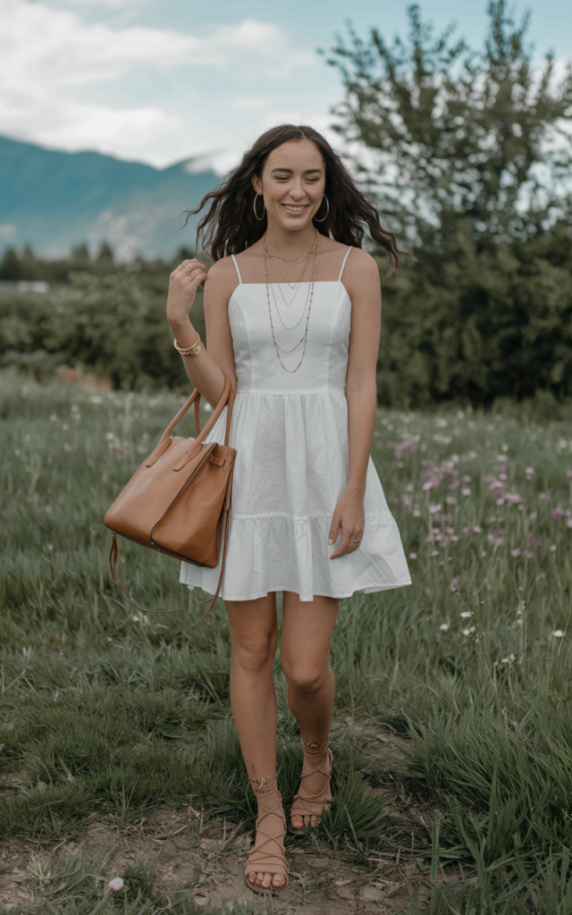A natural-looking young beautiful woman wearing a classic little white spring dress styled with layered gold necklaces, gold hoop earrings, strappy sandals, a tan handbag, and loose natural hair.