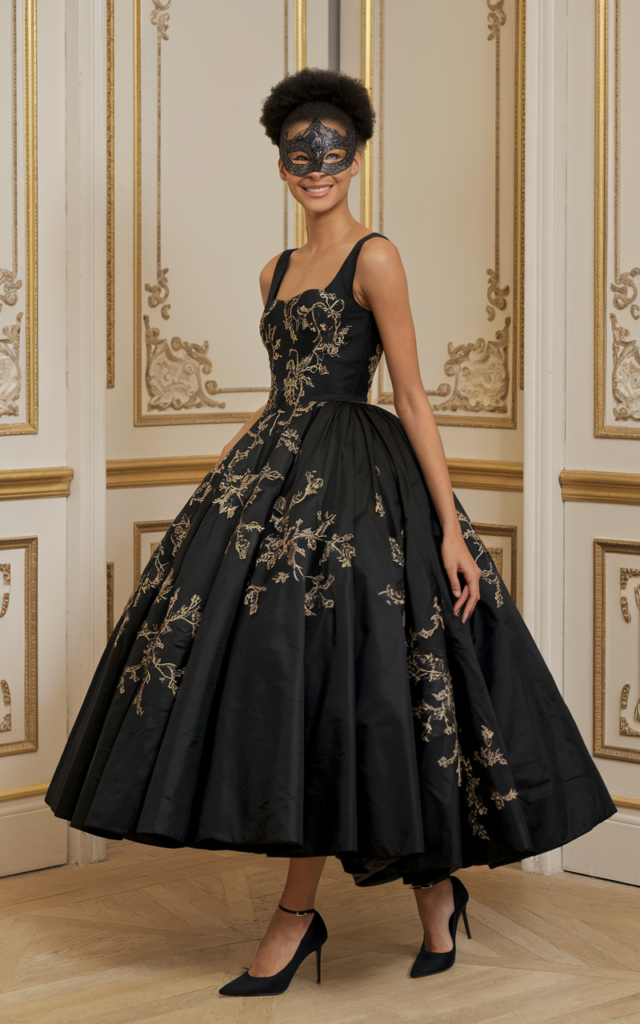 A natural-looking young beautiful woman wearing a structured black ball gown with gold embroidery accents, a bold elegant masquerade mask, a polished updo hairstyle, and sleek evening heels.