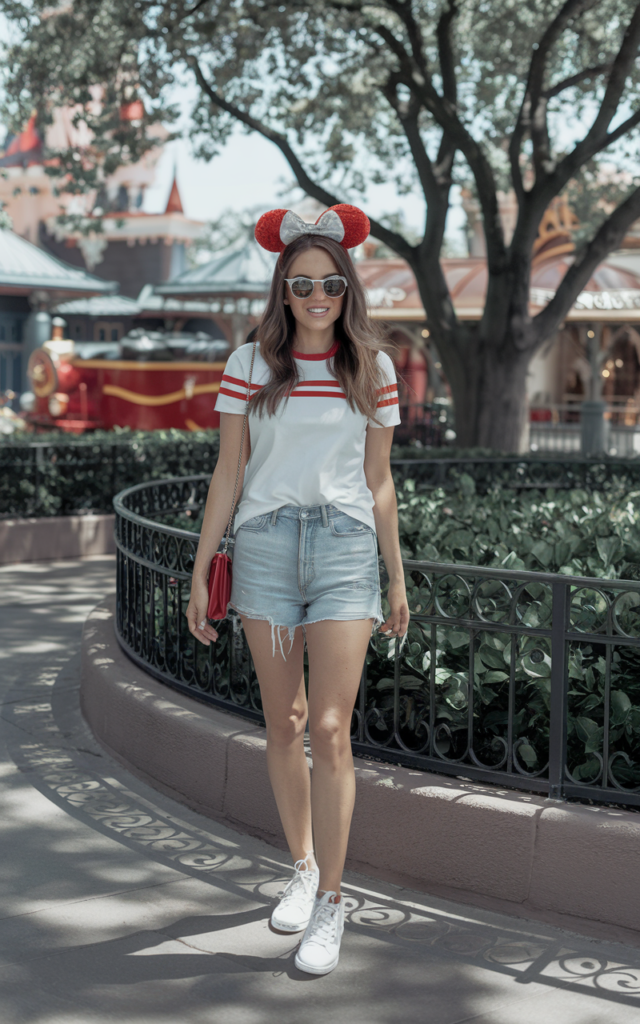 A natural-looking young beautiful woman wearing a color-coordinated outfit built around red Disney ears, styled with a white tee tucked into denim shorts, white sneakers, and matching red accessories in a sunny Disney park.