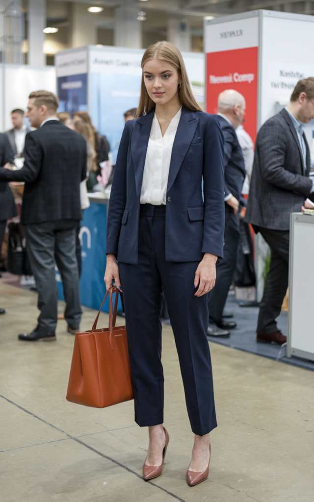 A natural-looking young beautiful woman wearing a classic navy suit with a crisp white blouse, pointed pumps, minimal jewelry, and a structured leather tote bag for a timeless powerful career fair look.