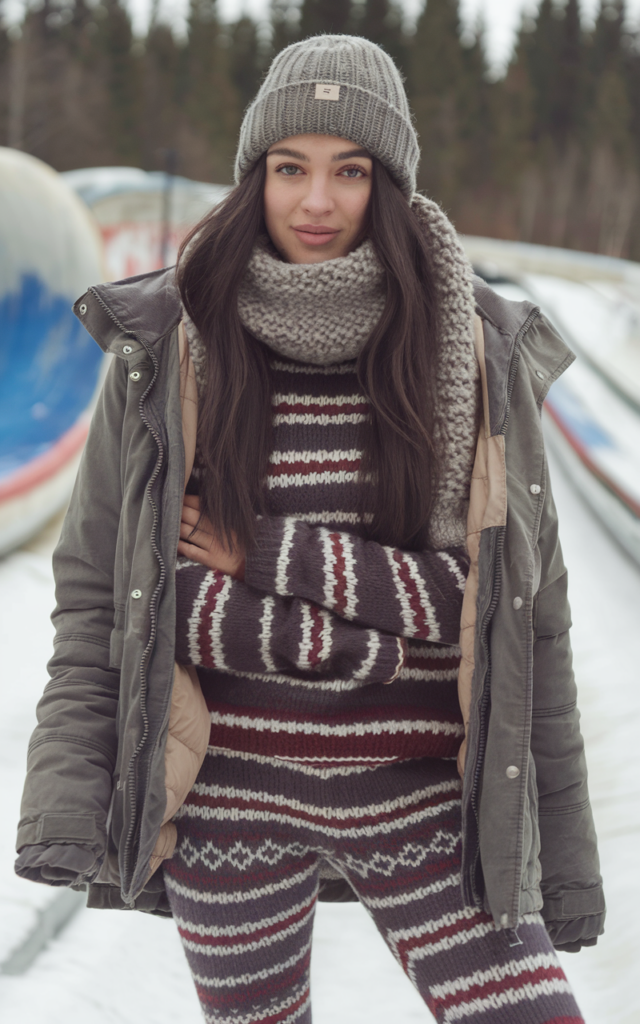 A natural-looking young beautiful woman wearing a matching winter knit set with a coordinated sweater and leggings layered under a warm jacket, oversized scarf, chunky knit beanie, and snow boots in a snowy tubing park.