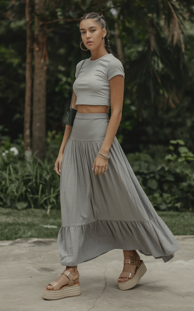 A natural-looking young beautiful woman wearing a cropped baby tee, a flowing high-waisted maxi skirt, platform sandals, stacked rings, and a mini shoulder bag.