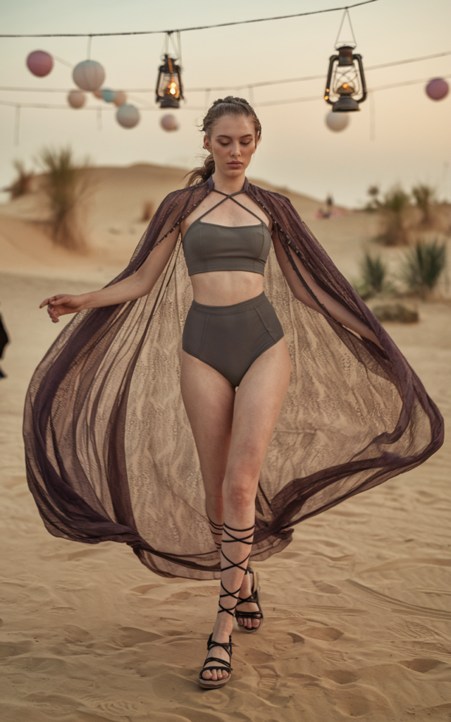 A natural-looking young beautiful woman wearing high-waisted shorts and a fitted crop top layered with a dramatic sheer flowing cape, gladiator sandals, pulled-back hair, and radiant makeup in a desert festival atmosphere.