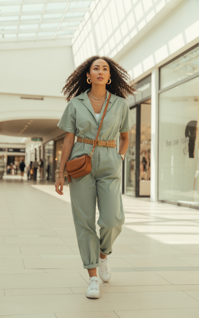 A natural-looking young beautiful woman wearing a relaxed cotton jumpsuit with a waist belt, white sneakers, gold hoop earrings, layered necklaces, and a crossbody bag for a comfortable all-in-one mall outfit