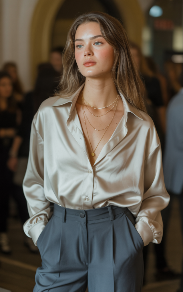 A natural-looking young beautiful woman wearing a silky button-down blouse tucked into relaxed tailored trousers, layered necklaces, softly unbuttoned collar, sleek flats, and polished natural makeup, styled for a Lauren Spencer Smith concert.