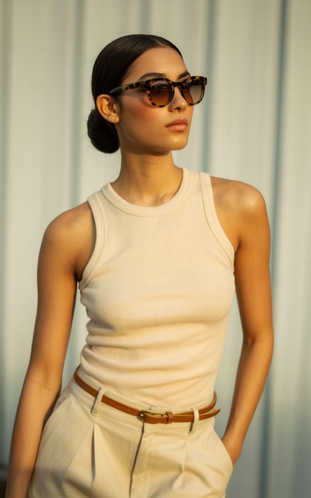 A natural-looking young beautiful woman wearing a fitted knit tank top, tailored beige shorts with a belt, leather sandals, oversized sunglasses, and a sleek bun hairstyle.