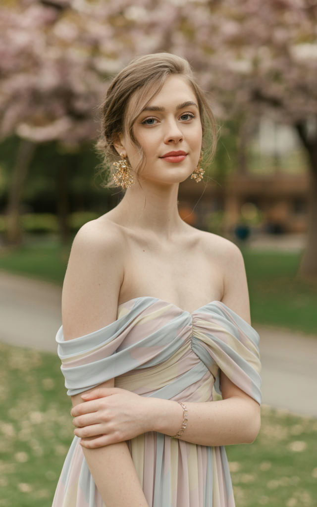 A natural-looking young beautiful woman wearing an off-shoulder pastel chiffon maxi dress with statement earrings, strappy heels, and a soft low bun hairstyle for a graceful spring wedding guest look