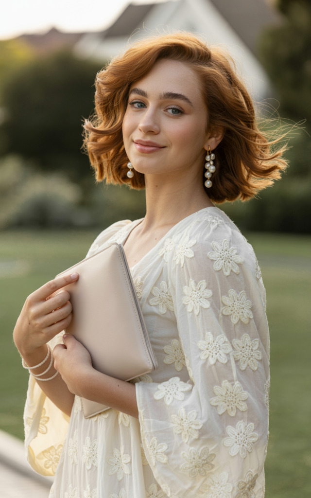 A natural-looking young beautiful woman wearing a white floral embroidered dress with delicate stitched flowers, soft sandals, pearl earrings, and a small clutch, styled with loose romantic waves for a feminine graduation look