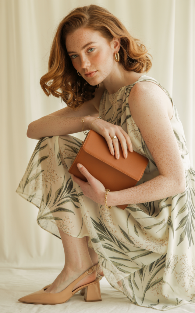 A natural-looking young beautiful woman wearing a printed botanical midi dress with elegant slingback heels, a structured clutch, simple gold jewelry, and softly styled waves.