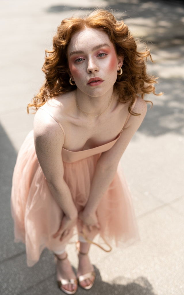 A natural-looking young beautiful woman wearing a pastel tulle midi dress in blush with delicate strappy heels, minimal jewelry, soft curls, and glowing pink-toned makeup.