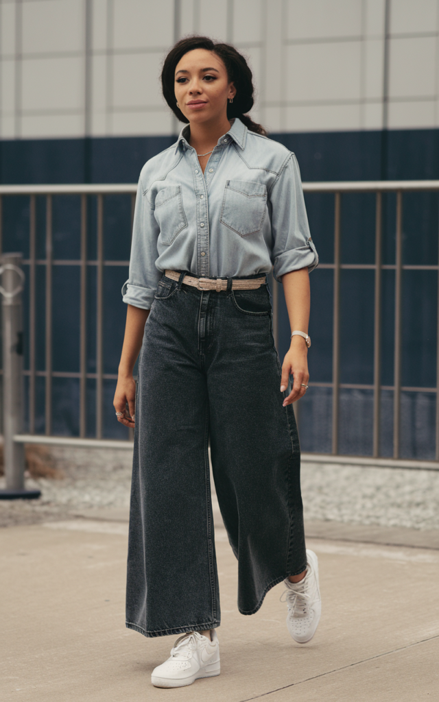 A natural-looking young beautiful woman wearing a denim-on-denim outfit with a light denim shirt tucked into darker wide-leg jeans, rolled sleeves, a belt, white sneakers, and natural styled hair, styled for a Lauren Spencer Smith concert.