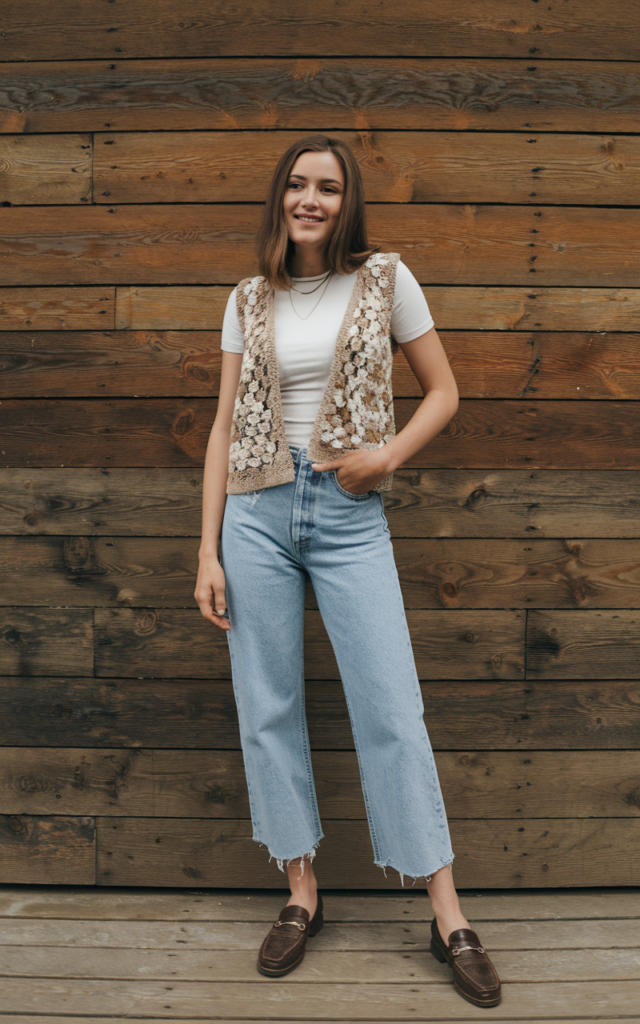 A natural-looking young beautiful woman wearing a crochet vest layered over a fitted white tee, straight-leg jeans, loafers, and minimal everyday accessories.